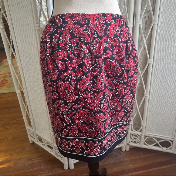 Talbots A-Line Skirt Bandana Print Navy Blue and Red Lined Plus size 18W Petite - Picture 6 of 15